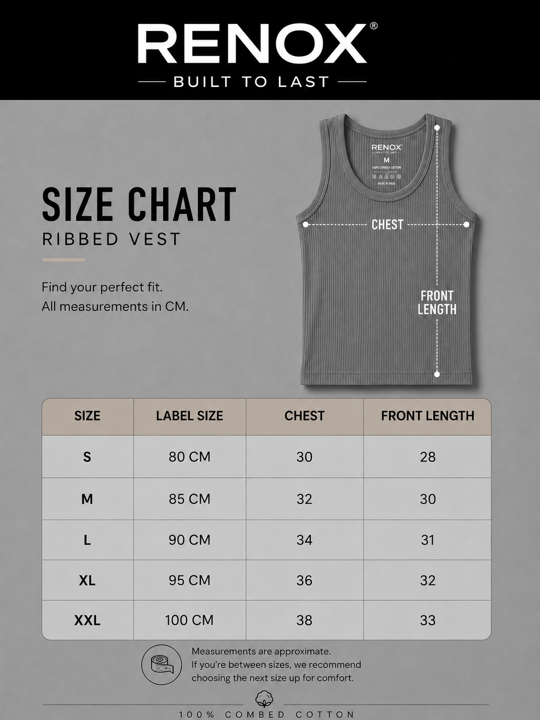 Renox Gray Ribed vest Packof 3 100% cotton