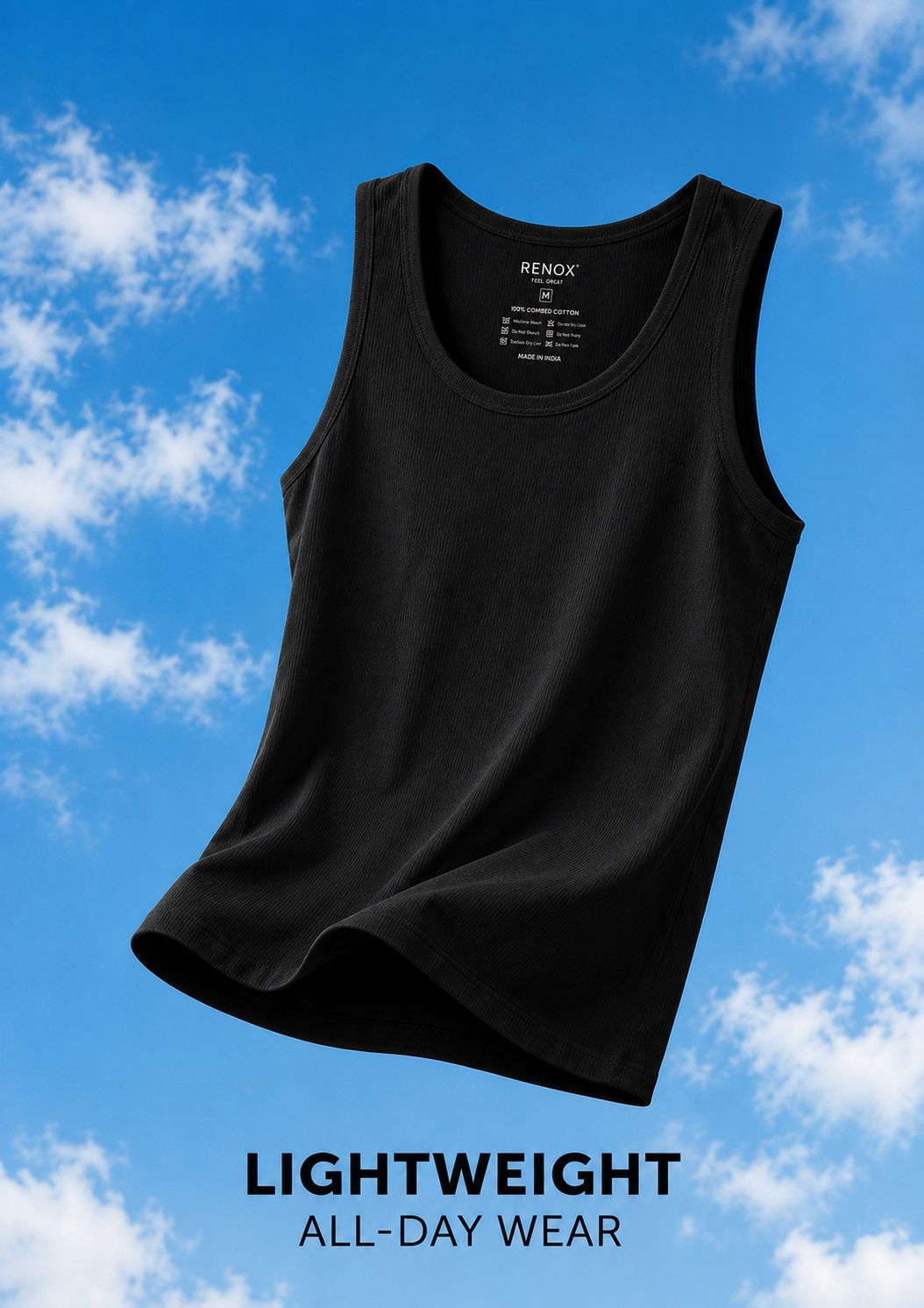 Renox Black Ribed vest Packof 3 100% cotton