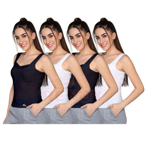 Renox Lace Camisole Pack of 4 (2 Black & 2 white) 100% cotton