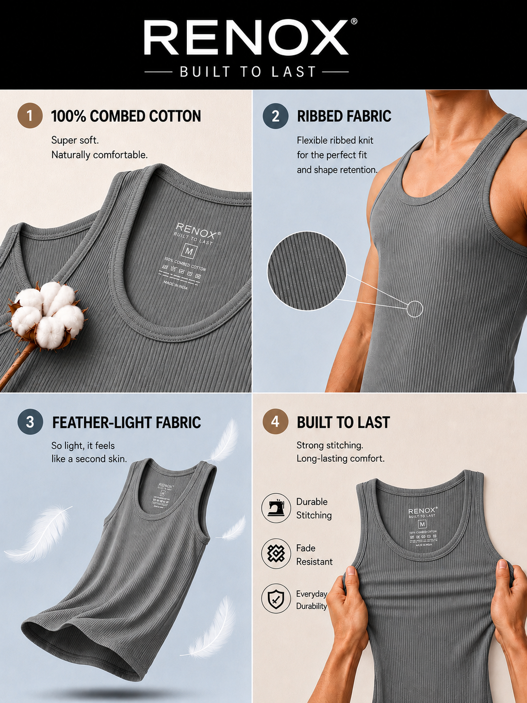 Renox Gray Ribed vest Packof 3 100% cotton