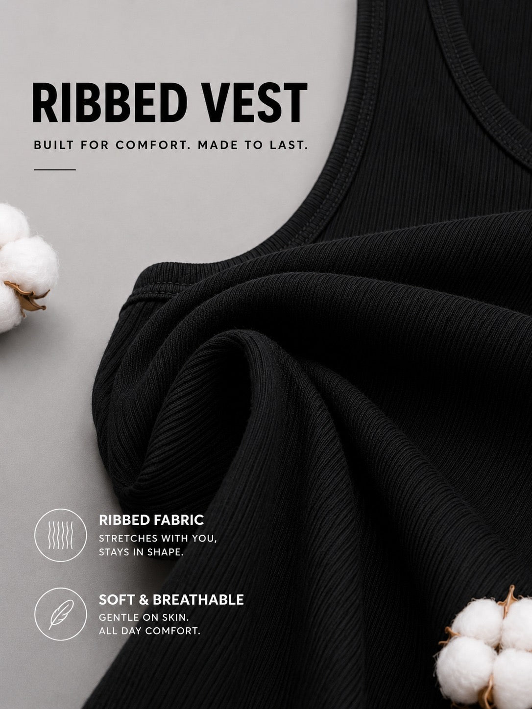 Renox Black Ribed vest Packof 3 100% cotton
