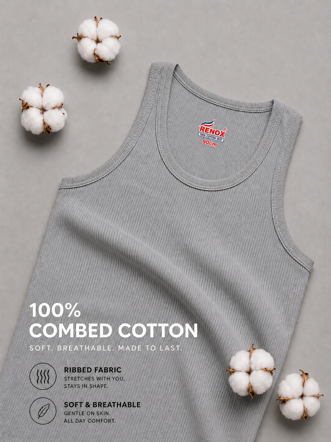 Renox Gray Ribed vest Packof 3 100% cotton