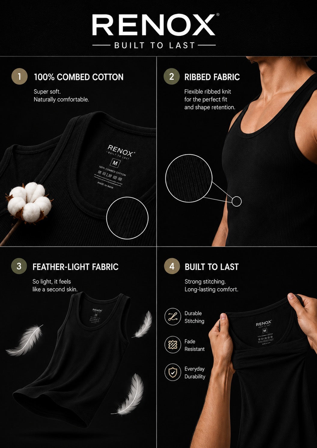 Renox Mix Ribed vest (Packof 3) 100% cotton