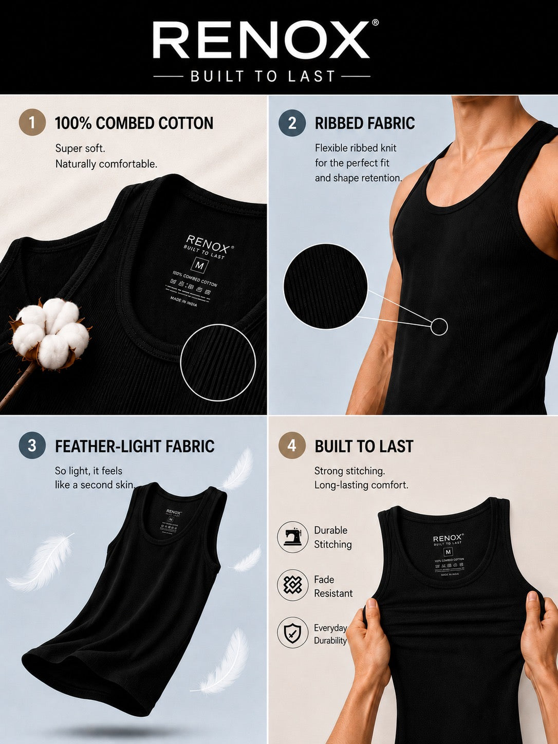 Renox Black Ribed vest Packof 3 100% cotton