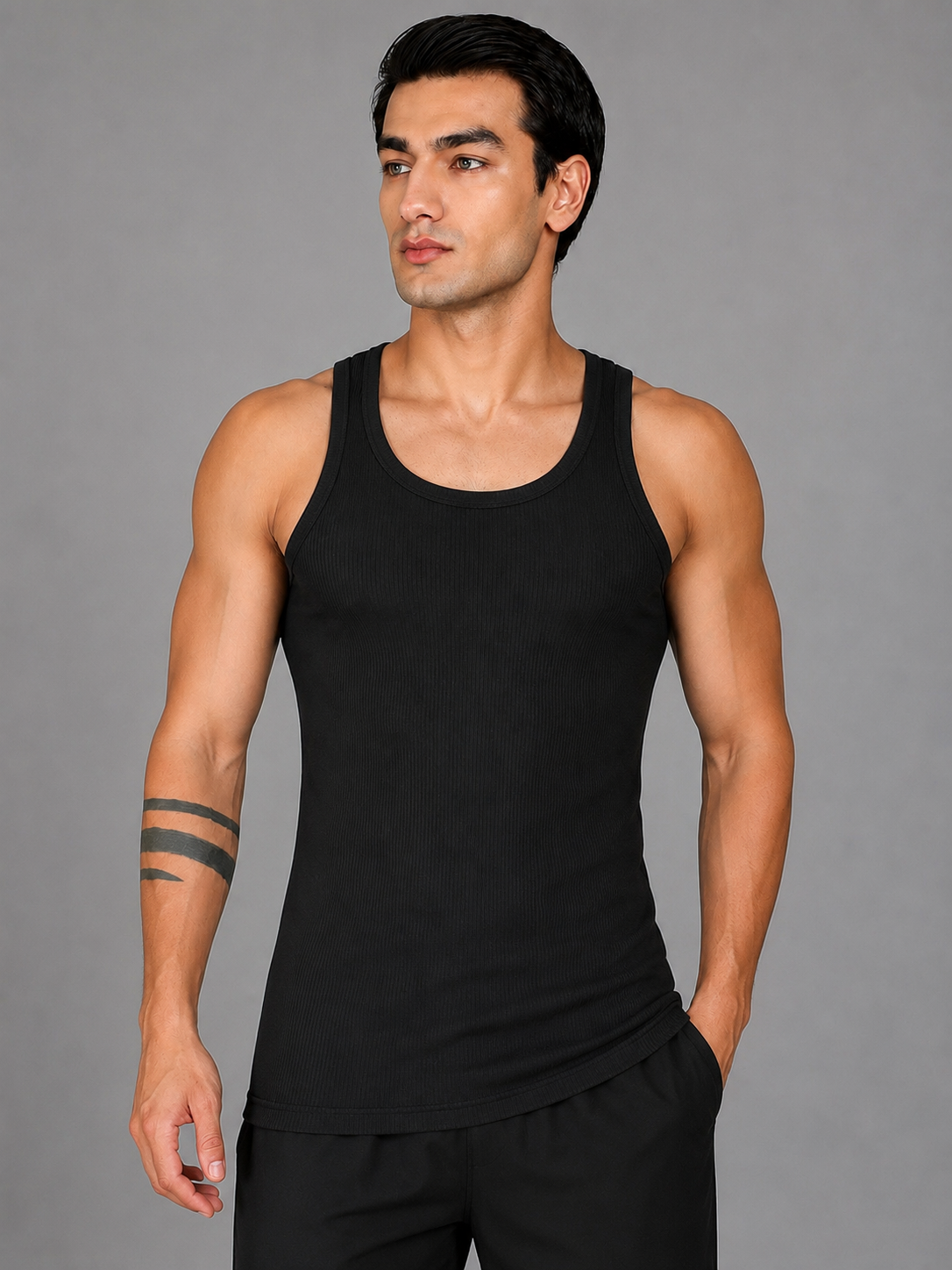 Renox Black Ribed vest Packof 3 100% cotton