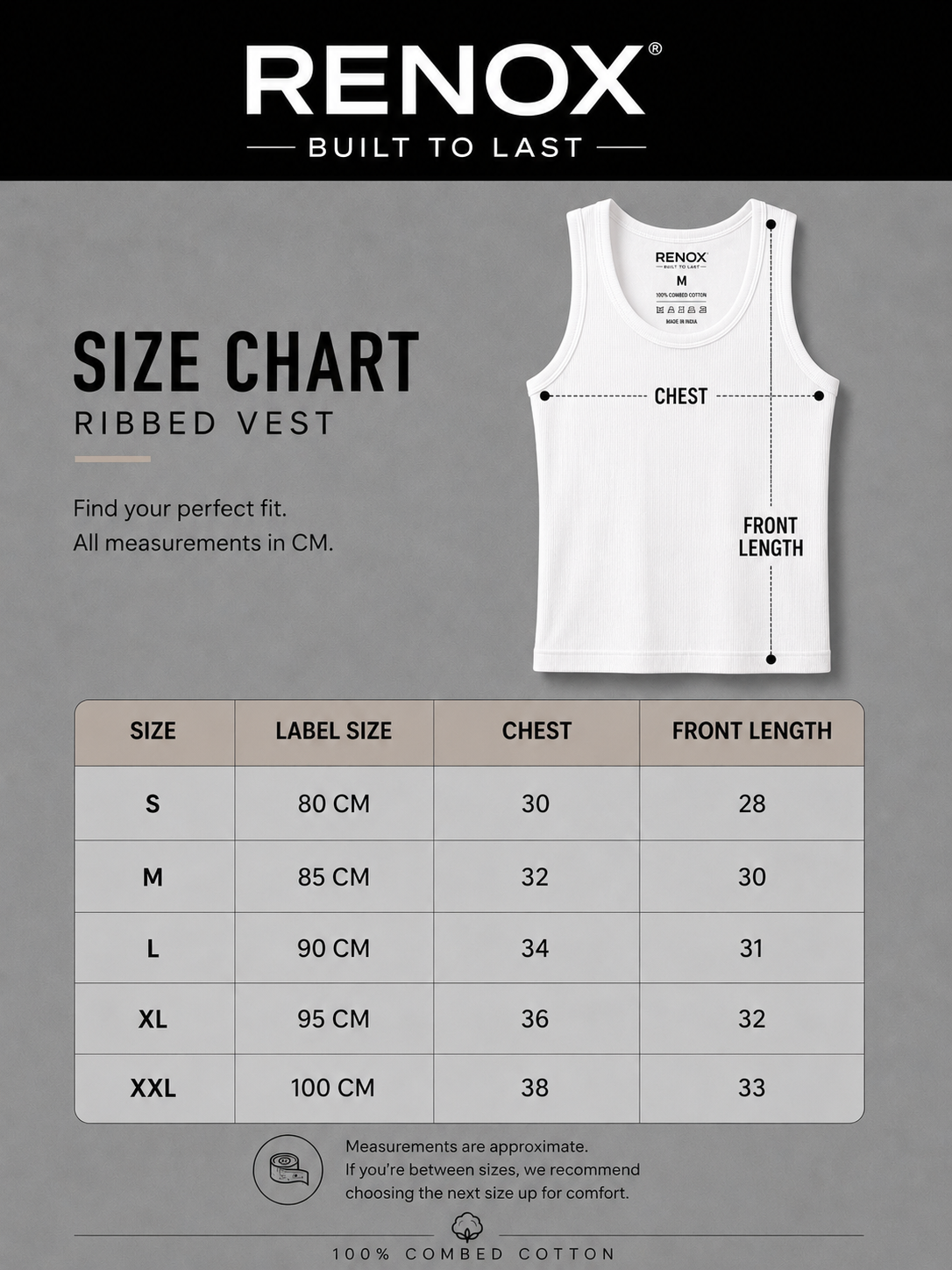 Renox White Ribed vest Pack of 3 100% cotton