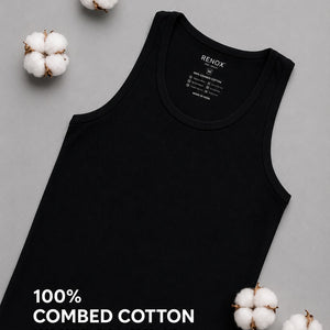 Renox Black Ribed vest Packof 3 100% cotton