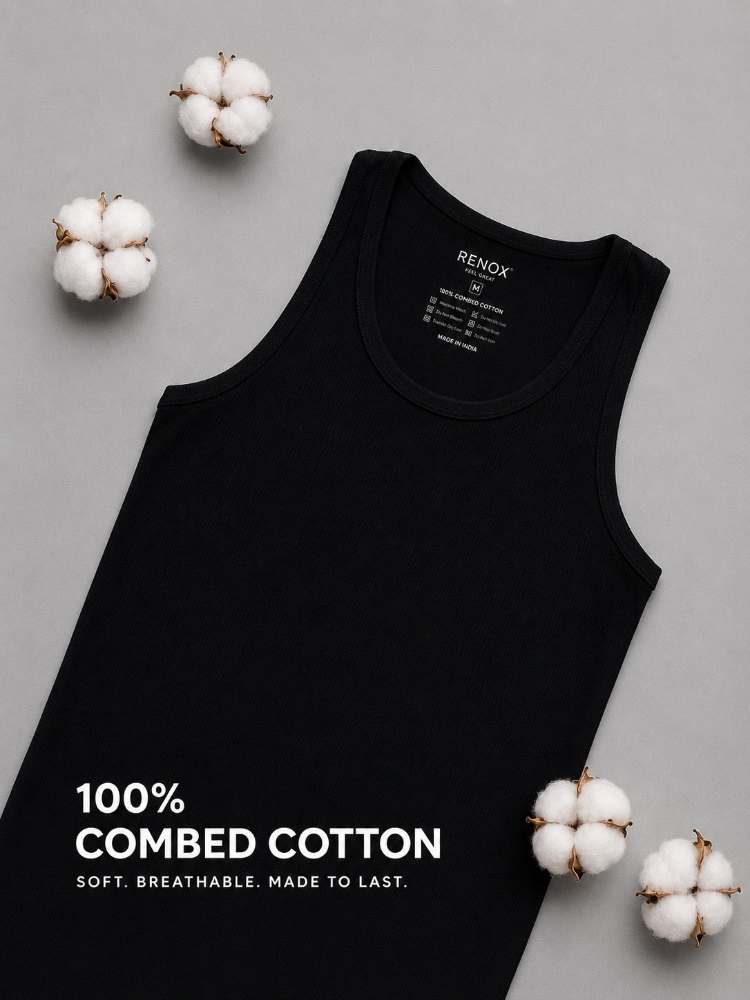 Renox Black Ribed vest Packof 3 100% cotton
