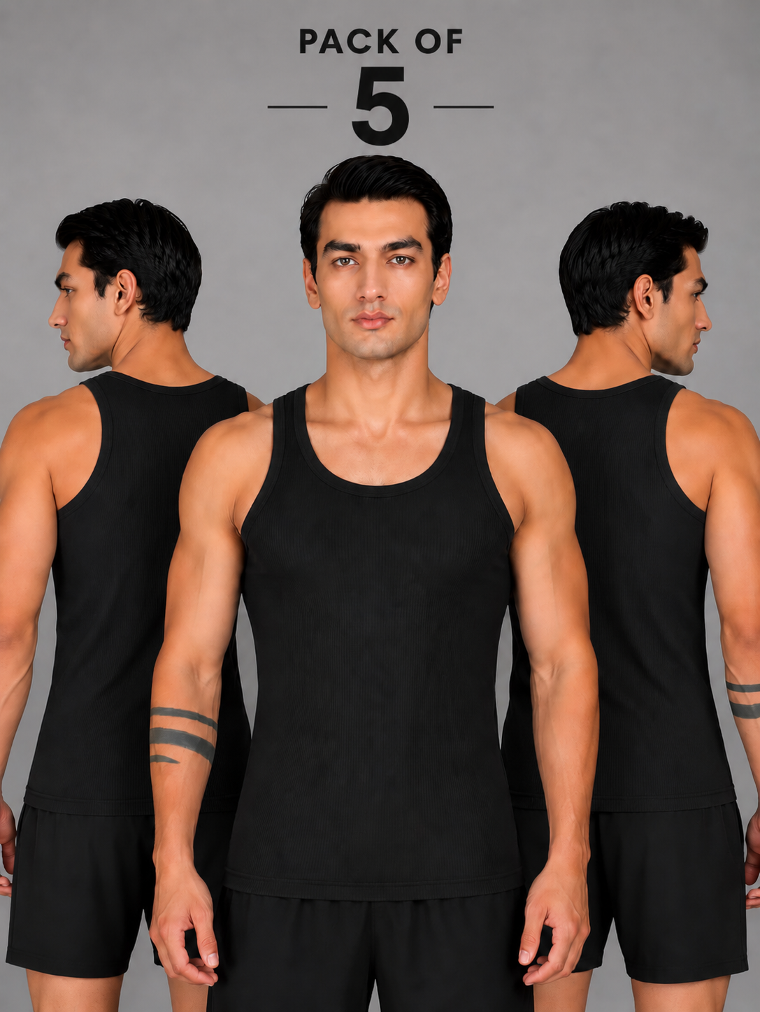 Renox Black Ribed vest (Packof 5) 100% cotton