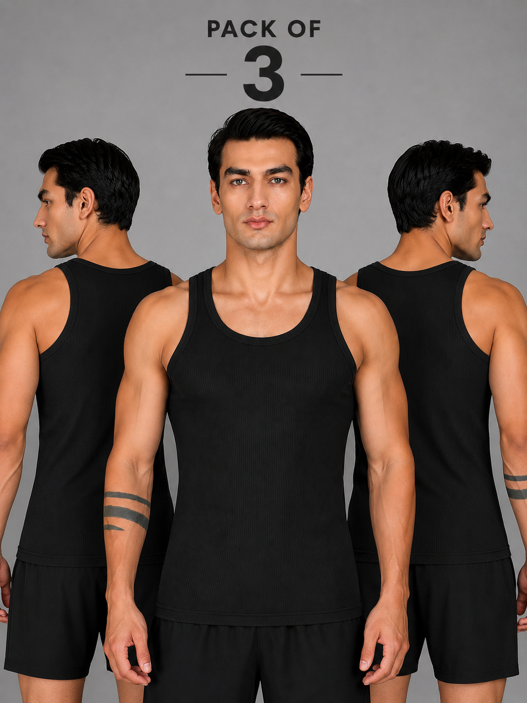 Renox Black Ribed vest Packof 3 100% cotton