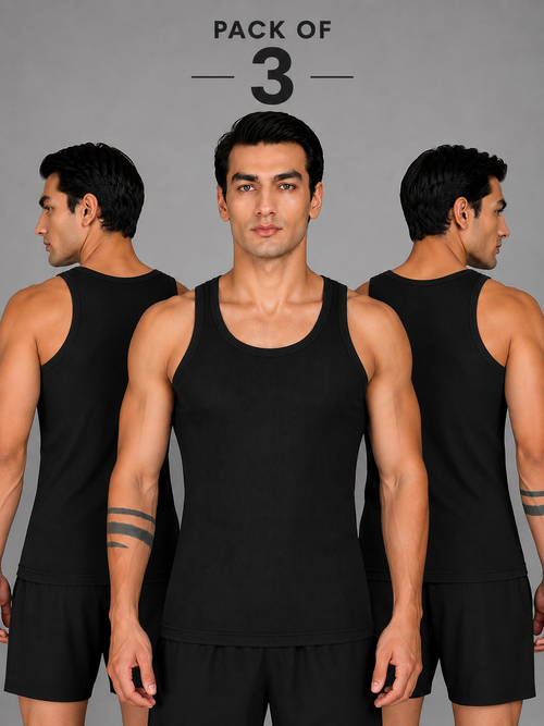 Renox Black Ribed vest Packof 3 100% cotton