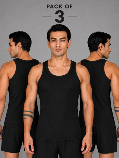 Renox Black Ribed vest Packof 3 100% cotton