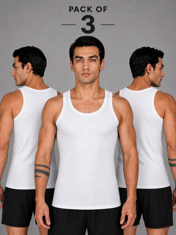 Renox White Ribed vest Pack of 3 100% cotton