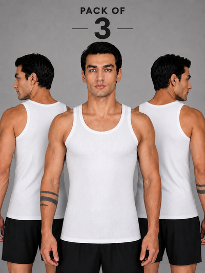 Renox White Ribed vest Pack of 3 100% cotton
