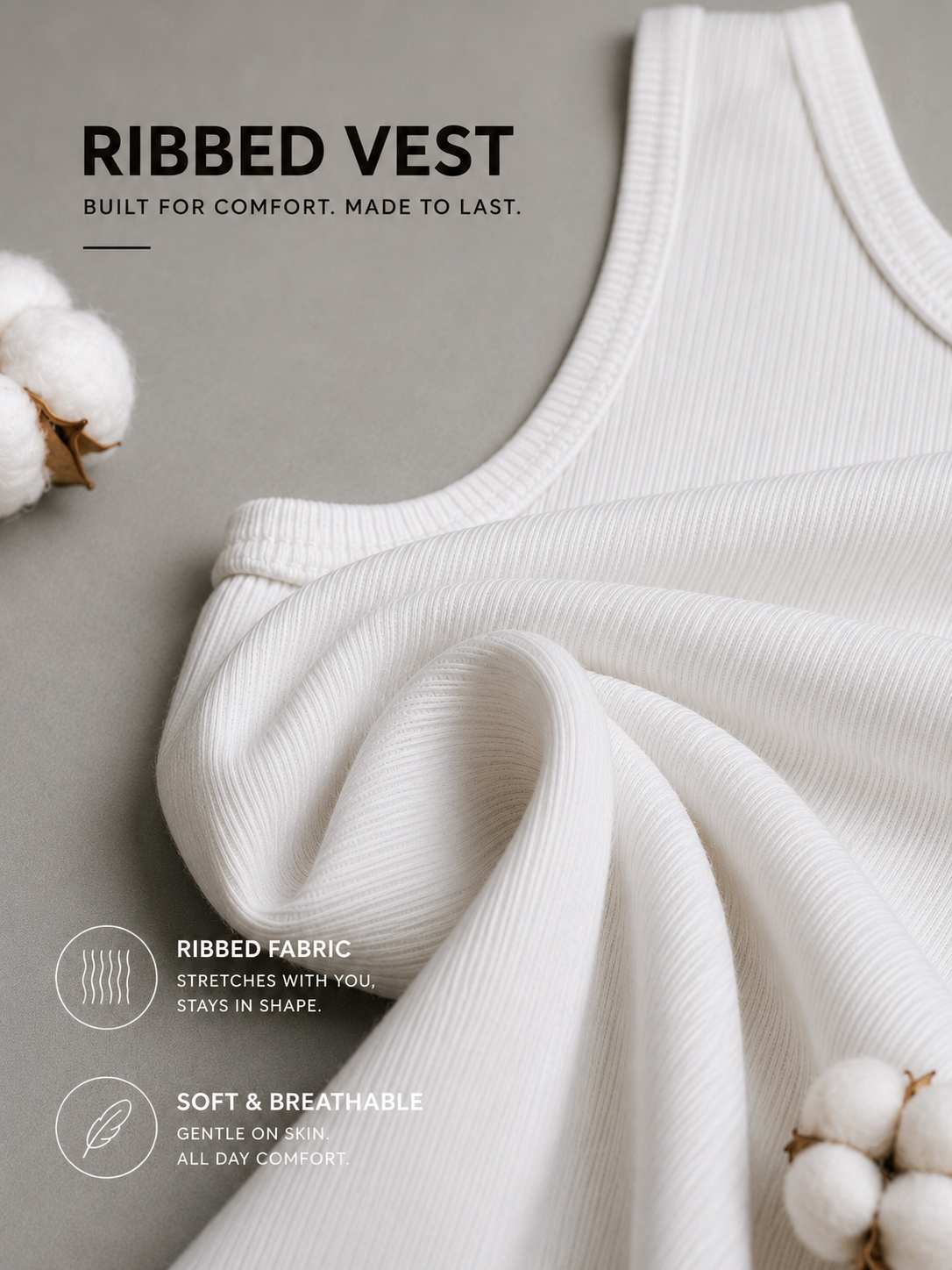 Renox White Ribed vest Pack of 3 100% cotton
