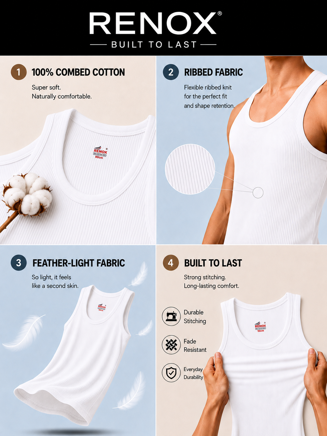 Renox White Ribed vest Pack of 3 100% cotton