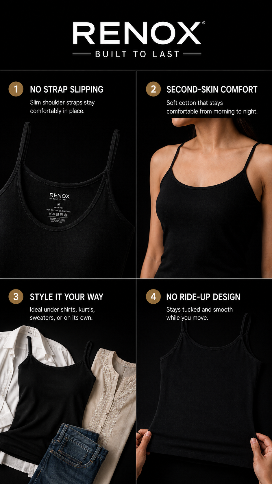 Womens black camisole spaghetti straps (pack of 4)