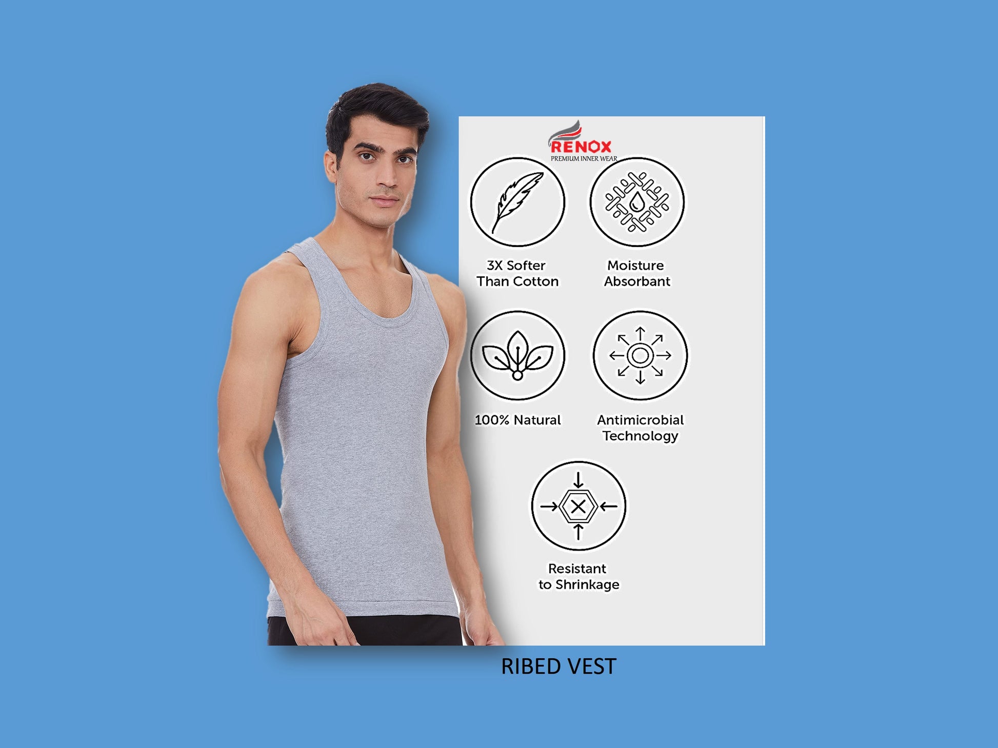 Renox Gray Ribed vest Packof 5 100% cotton