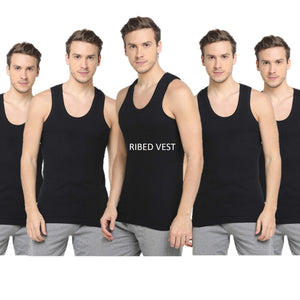 Renox Black Ribed vest Packof 5 100% cotton