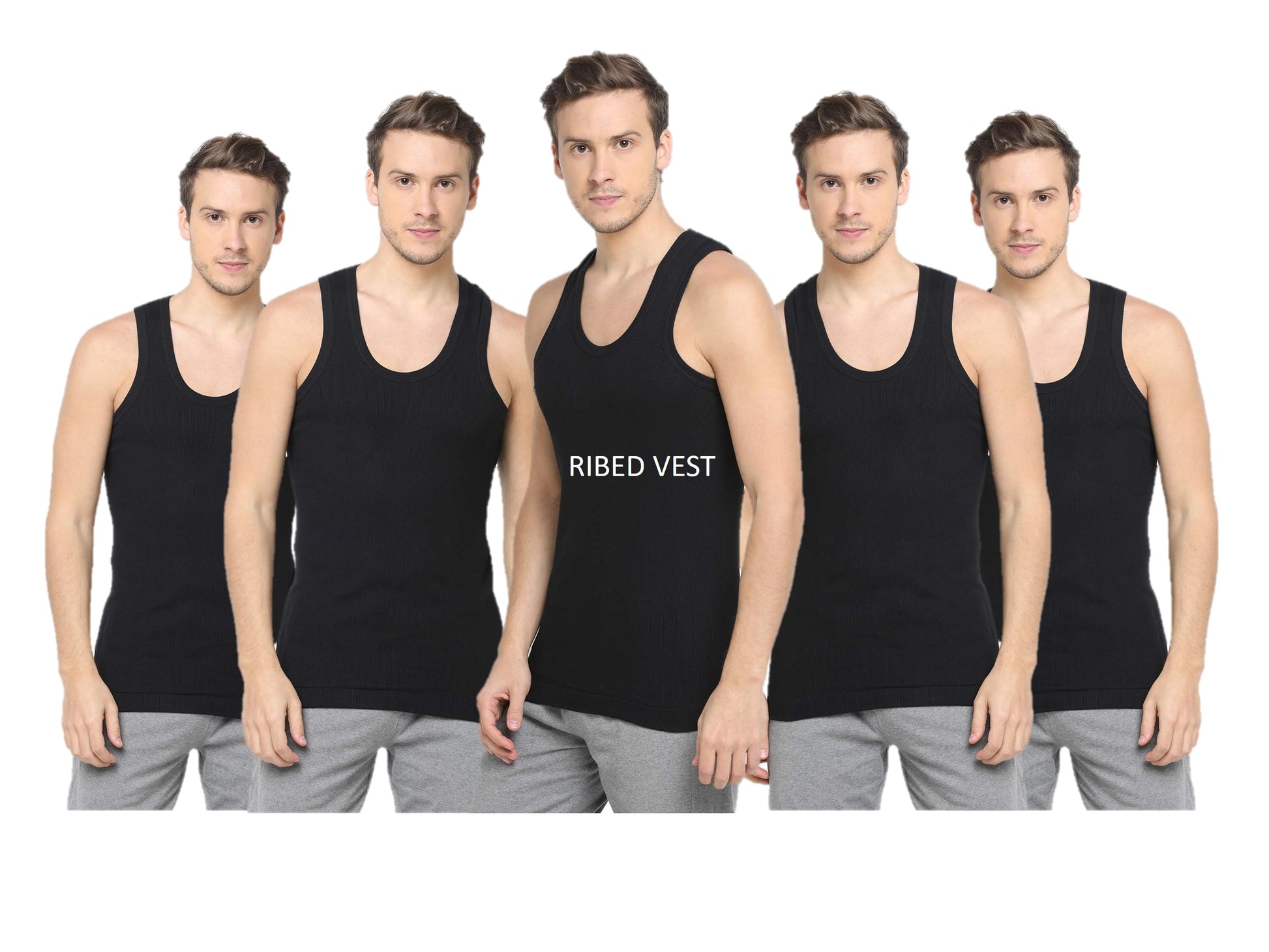 Renox Black Ribed vest Packof 5 100% cotton