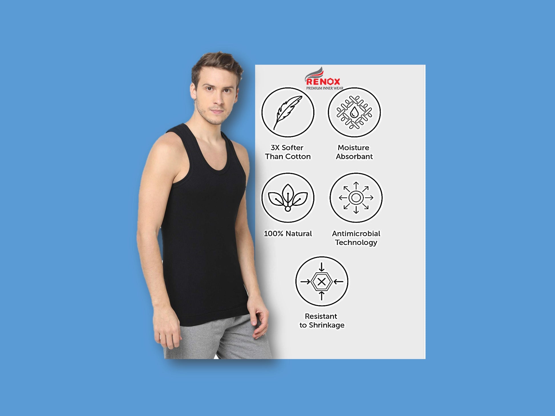 Renox Black Ribed vest Packof 5 100% cotton