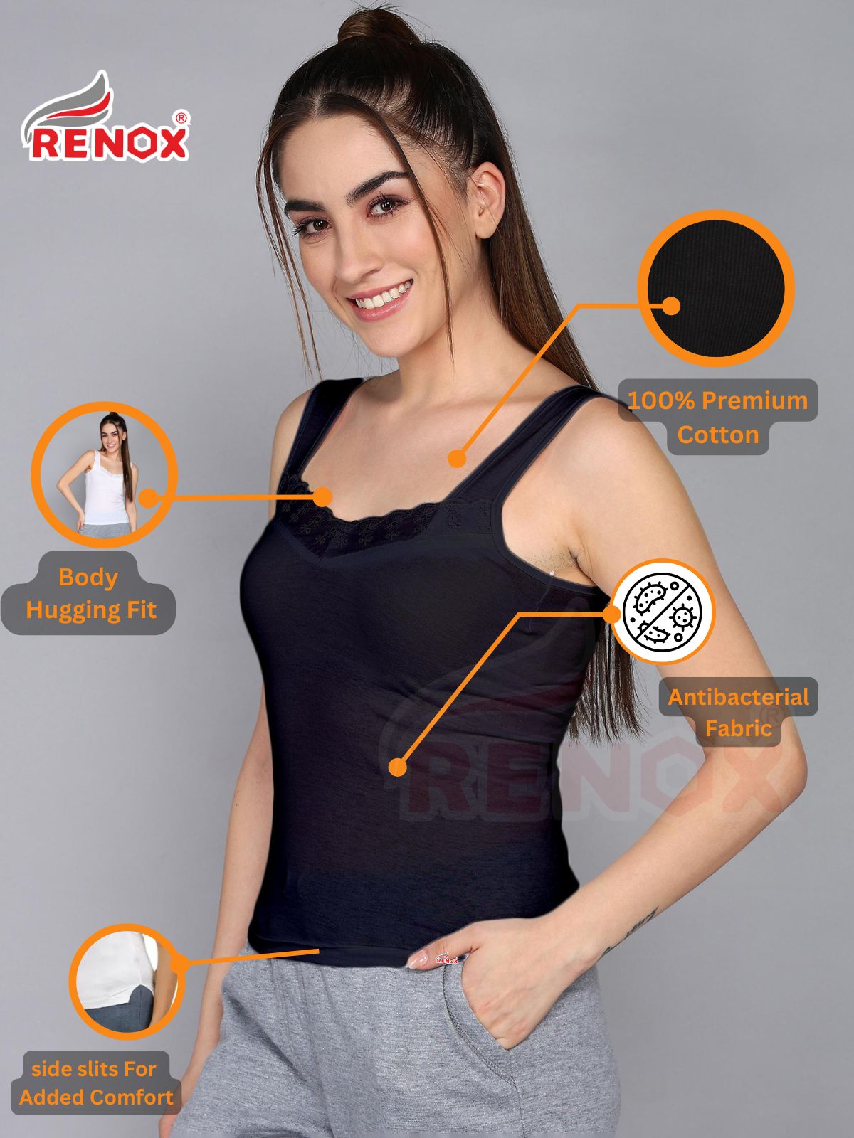Renox Lace Camisole Pack of 4 (2 Black & 2 white) 100% cotton
